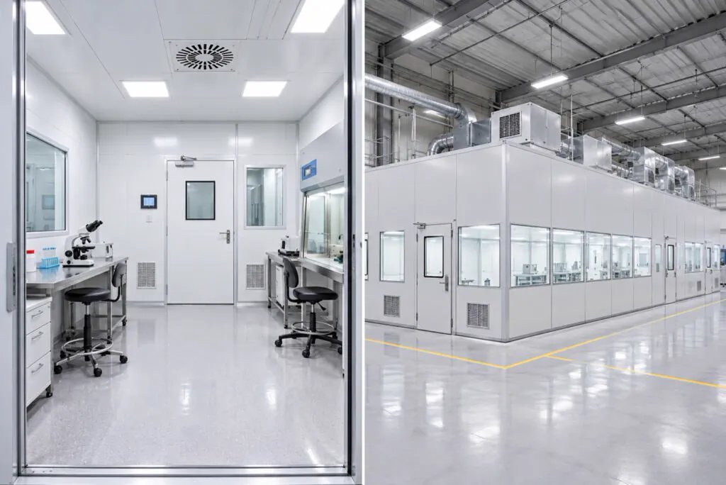 Comparativa sala blanca de laboratorio y planta industrial